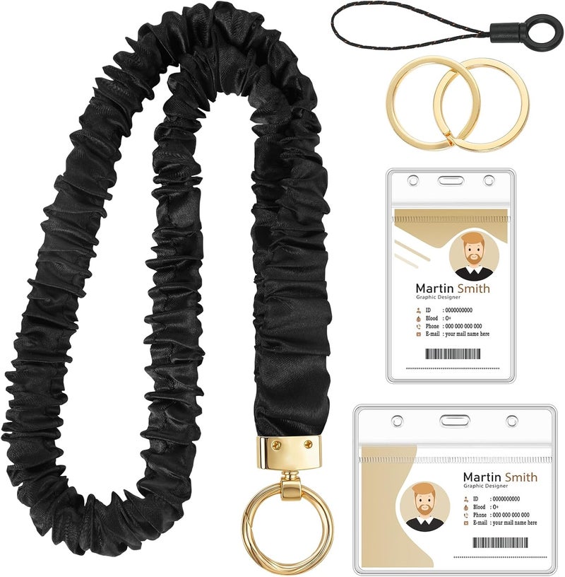 HONSIO Scrunchie Teacher Lanyards for ID Badges Neck Lanyard for Keys Retractable Stretchy Straps with Card Holder for Women - Image 1
